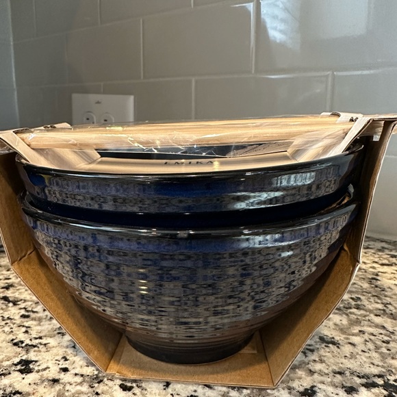 Emika Dining Emika Set Of Blue Stoneware Rice Bowls Chopsticks New